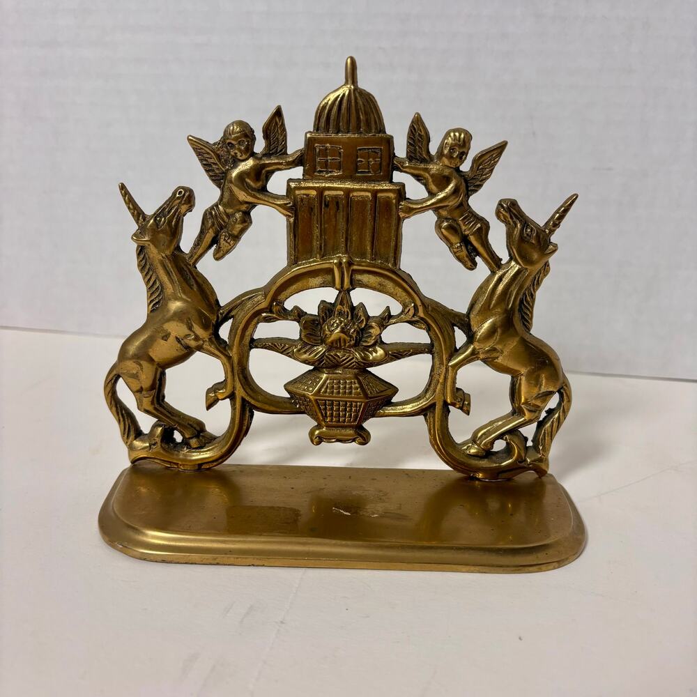 Vintage Brass Unicorn & Cherub Bookend | Hollywood Regency Fantasy Bookshelf - Picture 9 of 9